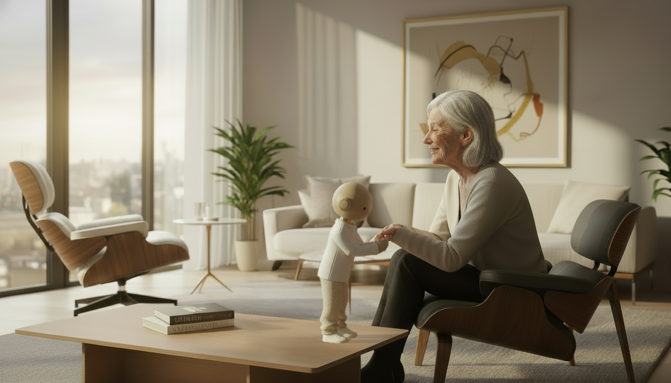 Seniorin interagiert mit dem Haruto KI-Begleiter in einem hellen Wohnzimmer