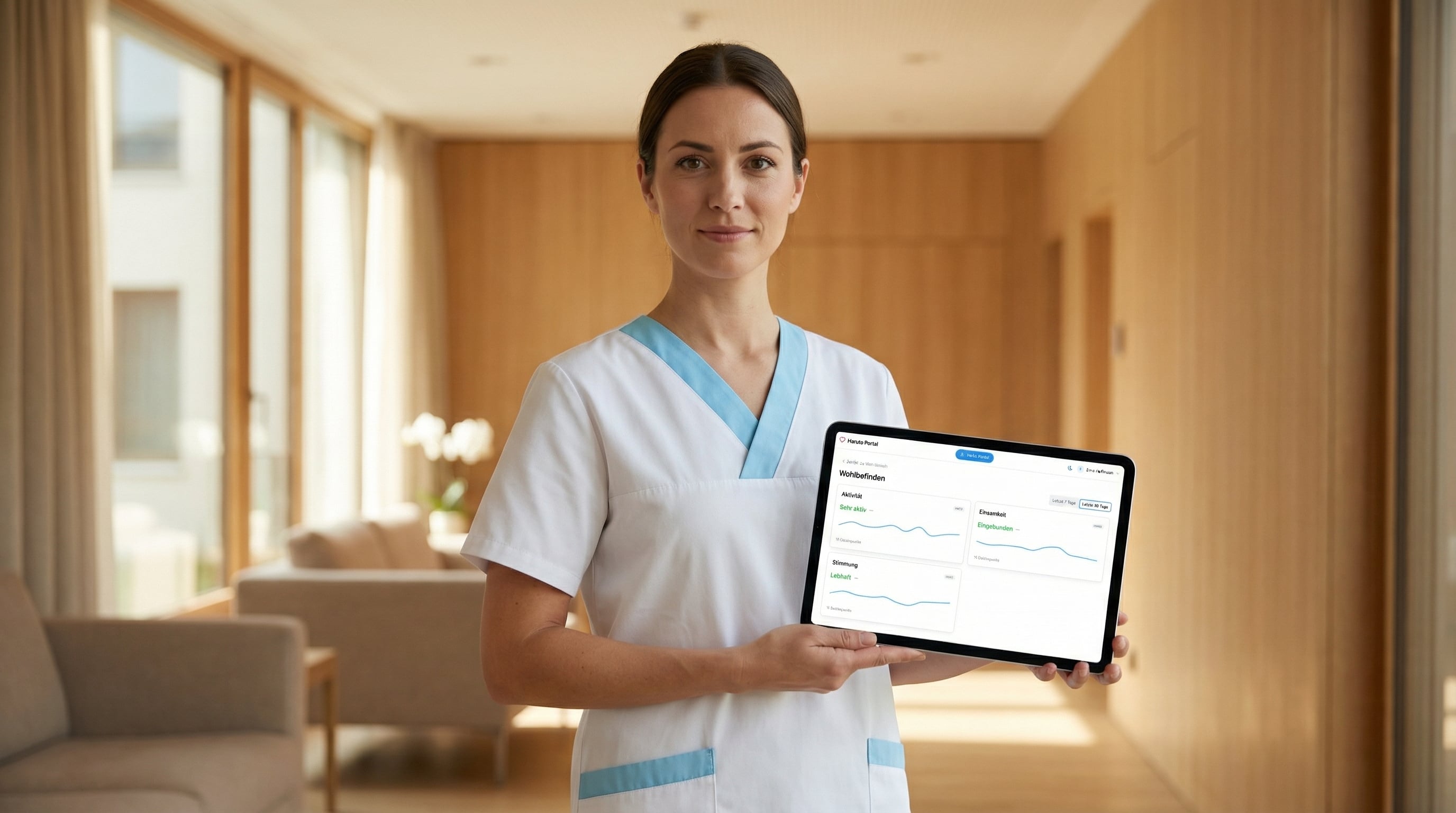Pflegerin h\u00e4lt ein Tablet mit dem Haruto Wellbeing Dashboard